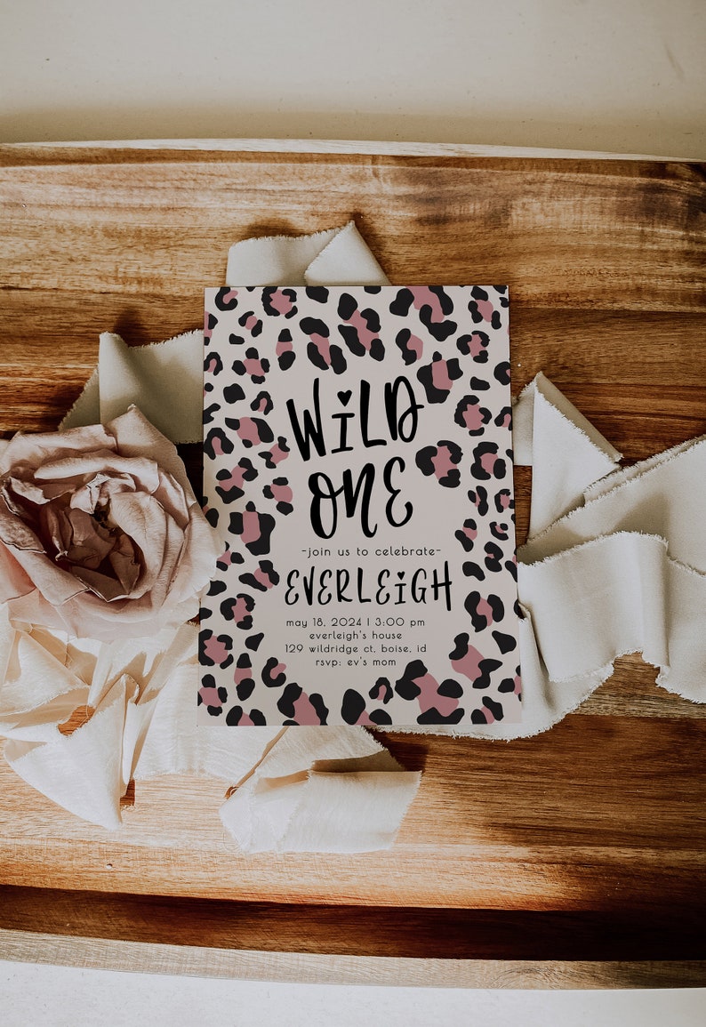 Wild One Girl 1st Birthday Invitation | Pink Leopard Birthday Invitation Editable Template | First Bday Invite Safari Cheetah Invite S242 image 1