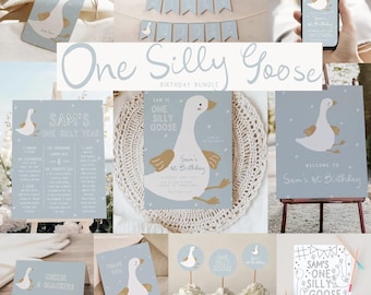 One Silly Goose Birthday Template Bundle for Boy | Editable Goose 1st Birthday Invitation & Decor First Birthday Package S826
