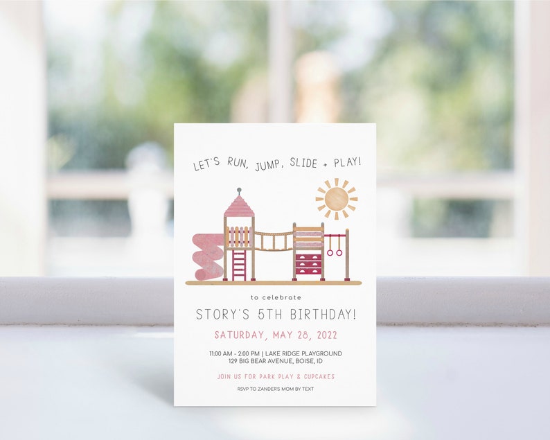 Playground Birthday Invitation Girl Park Bday Party Invite Editable Template Invite Pink Outdoor Bday Invite Run Jump Slide Play S499 image 8