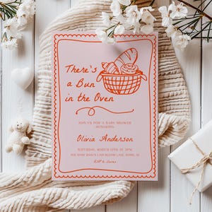 Bun in the Oven Baby Shower Invitation Template | Editable Hand Drawn Girl Bun in the Oven Bread DIY Baby Shower Invite S870