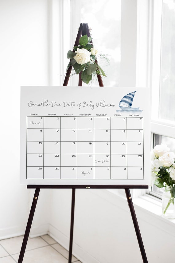 Guess Baby s Due Date Calendar Nautical Baby Shower Boy Sailboat