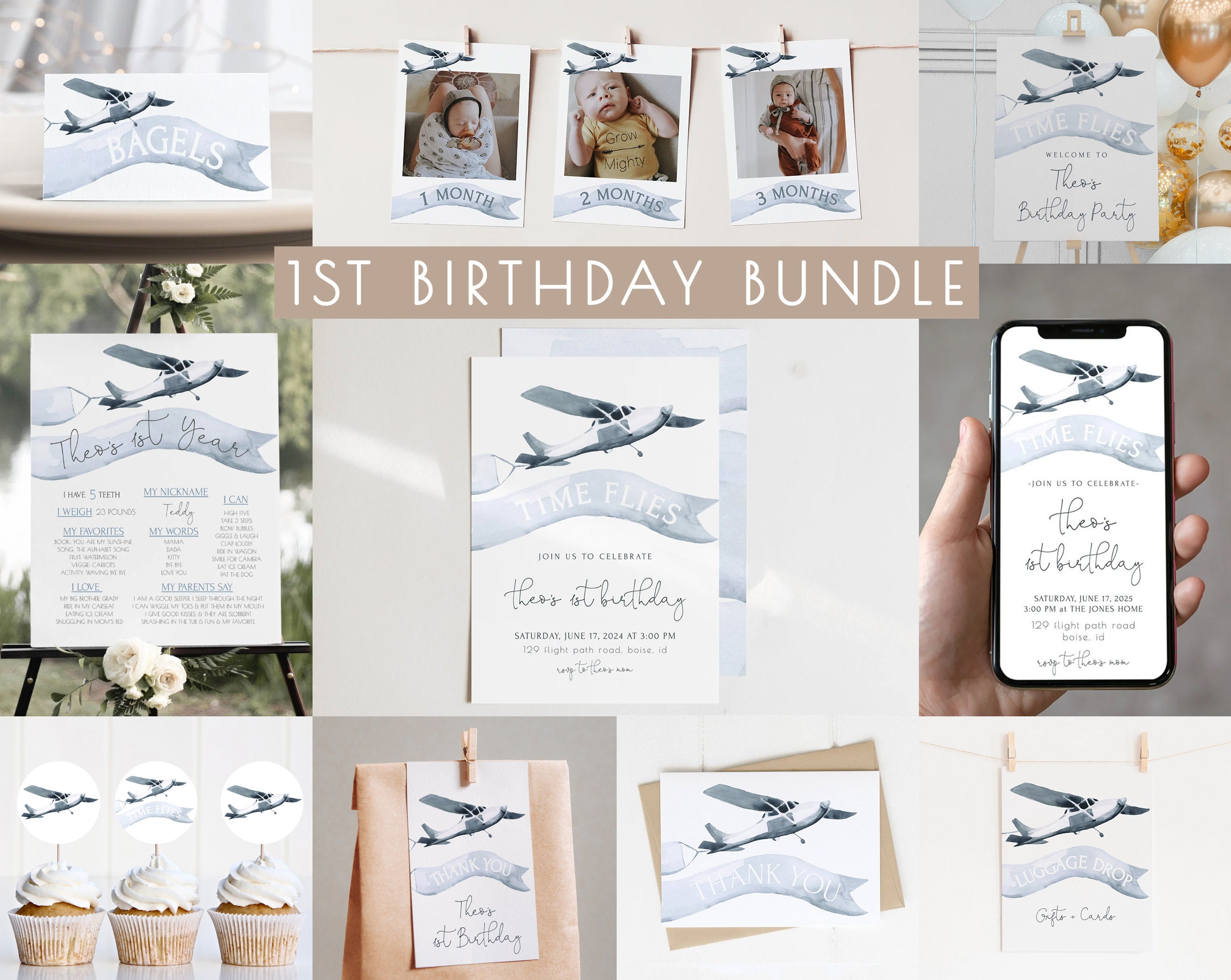 Airplane 1st Birthday Bundle | Editable Time Flies Invitation and Decoration Templates | Boy Vintage Plane First Birthday Package Decor S204
