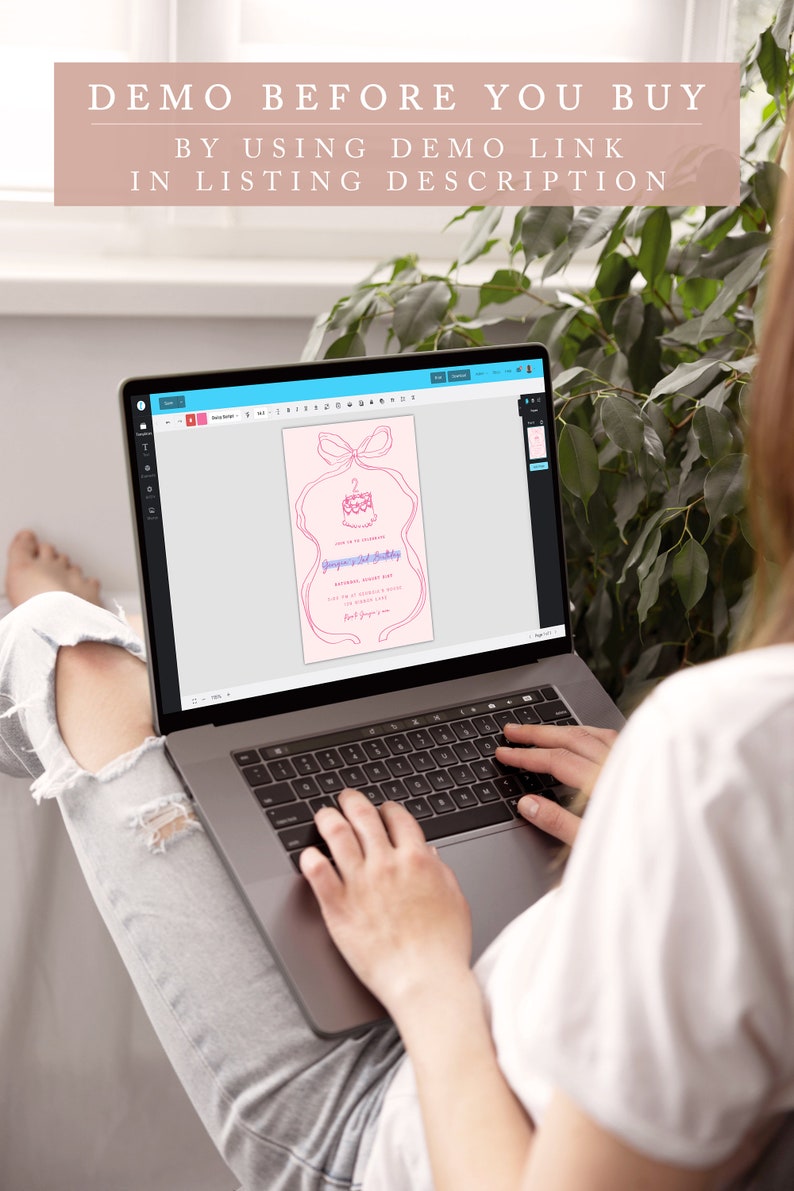 May include: A person using a laptop to view a pink and purple printable invitation design for a second birthday party. The invitation features a cake with a number two on top and a bow. The text on the invitation reads "Join us in celebrating" and "Second Birthday Party".