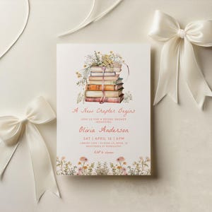 May include: A bridal shower invitation with a watercolor illustration of a stack of books with flowers and the text "A New Chapter Begins" and "Olivia Anderson".