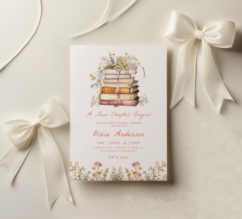 May include: A bridal shower invitation with a watercolor illustration of a stack of books with flowers and the text "A New Chapter Begins" and "Olivia Anderson".