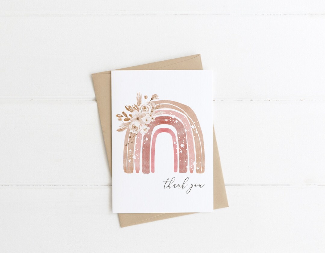 Rainbow Thank You Card Printable Editable Template Girl Floral Pink ...