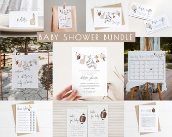 Football Baby Shower Bundle Editable  | Tan Brown A Little All Star is on His Way Boy Baby Sprinkle Template Package Set S274
