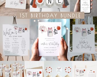 Basketball 1st Birthday Bundle Editable Template Set | Red Basketball Rookie Year Invite + Decor | Let's Have a Ball First Bday Package S688