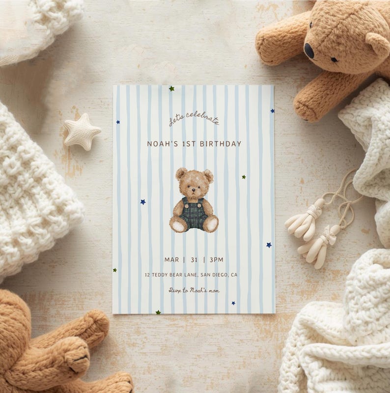 bear 1st birthday invitation template - editable digital download