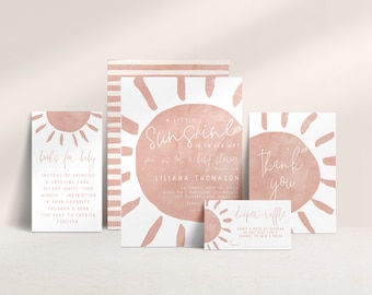 Paquete de plantillas editables para baby shower "Sunshine" / Invitación "A little Sunshine is on her Way" para niña (S240)