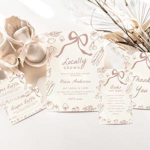 Locally Grown Baby Shower Bundle - Editable Templates | DIY Hand Drawn Farmer&#39;s Market Baby Shower Printable Package in Blush Pink S819
