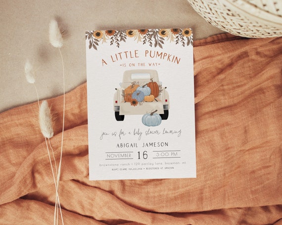 Boy Pumpkin Baby Shower Invitation | Truck Boy Fall Baby Shower Editable Invite  Template | A Little Pumpkin is on his Way S335