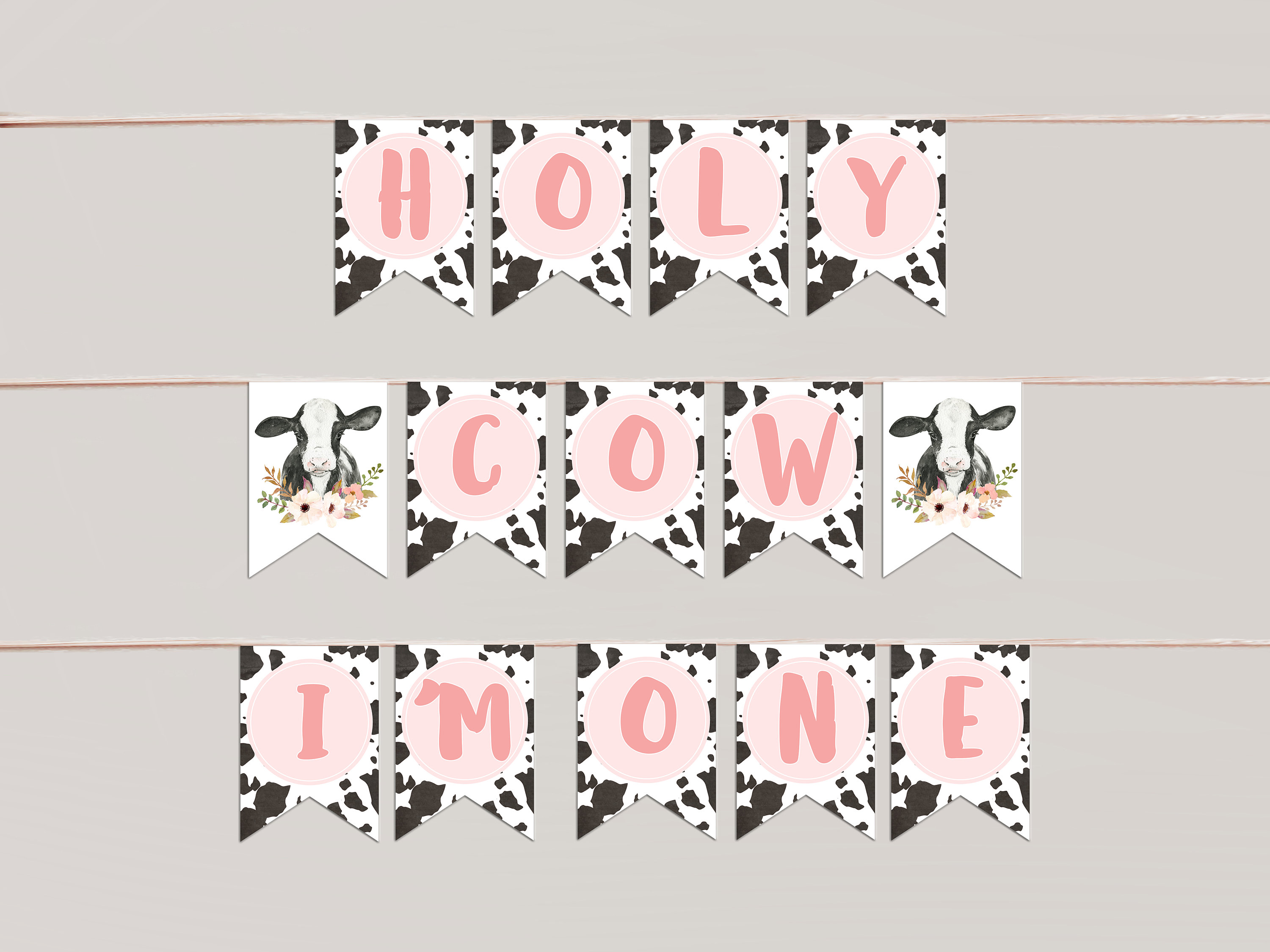 Holy Cow I'm One Banner Template | Editable Cow Girl 1st Birthday Printable Pennant Sign Farm First Bday Decor S413
