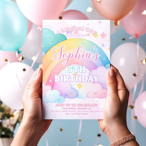 Editable Rainbow Birthday Invitation Template | Magical Day Rainbow Birthday Invite S592