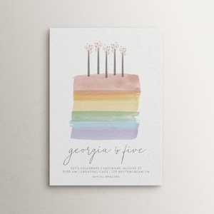 Modello di invito modificabile per il 5° compleanno per ragazza / Invito alla torta di compleanno arcobaleno pastello Modello modificabile per il quinto compleanno S214