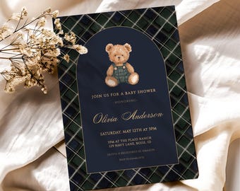 Sjabloon geruite teddybeer babyshower uitnodiging - bewerkbare preppy teddybeer babyshower uitnodiging digitale download S935