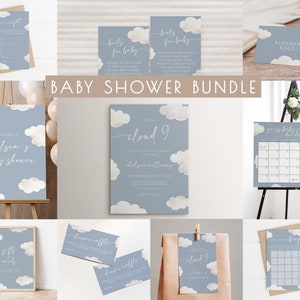 Cloud 9 Baby Shower Bundle Editable Templates | We&#39;re on Cloud Nine Boy Baby Shower Invite Games Decor Package S522