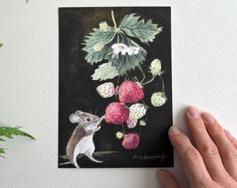 Field Mouse with Strawberries Giclee