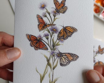 Monarchs with Purple Aster Fold-over Cards, 6 Original Painting Fold-over Cards (4 1/4 x 5 1/2) & Envelopes