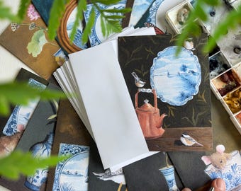 Delft Collection, 12 Assorted, Original Painting Fold-over Cards (4 1/4 x 5 1/2) & Envelopes