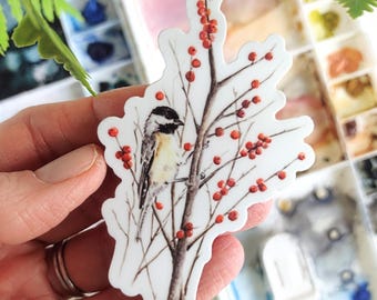 Watercolor Chickadee Sticker, Durable Vinyl Decal