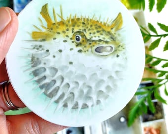 Watercolor Pufferfish Sticker, Durable Vinyl Decal
