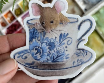 Mouse in Delft Teacup Sticker, Sturdy Vinyl Decal
