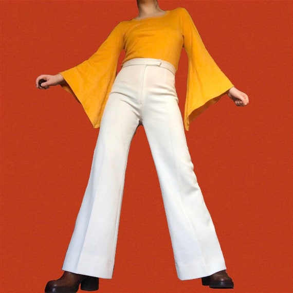 Vintage 1970s White RIBBED Bell Bottom Flare Pants