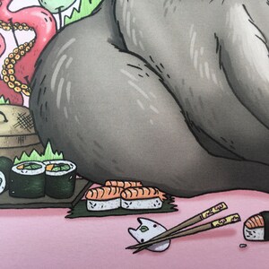 May include: A cartoon illustration of a gray creature with a red octopus tail sitting on a pink surface with sushi and chopsticks. The sushi is on a black plate and includes both maki and nigiri.