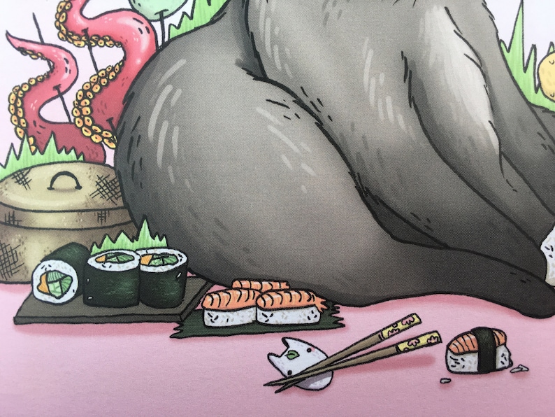 May include: A cartoon illustration of a gray creature with a red octopus tail sitting on a pink surface with sushi and chopsticks. The sushi is on a black plate and includes both maki and nigiri.
