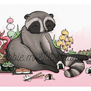 May include: A cartoon raccoon sitting on a pink background with a variety of sushi, including nigiri, maki, and sashimi. There are also other Japanese snacks, such as dango and skewers of fried chicken.