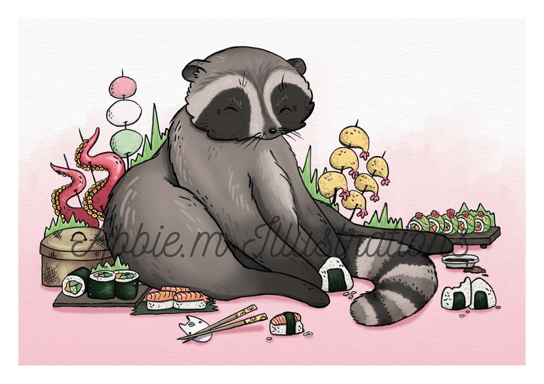 May include: A cartoon raccoon sitting on a pink background with a variety of sushi, including nigiri, maki, and sashimi. There are also other Japanese snacks, such as dango and skewers of fried chicken.