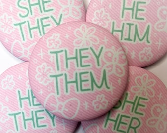 Pink and Mint Stripes Pronoun 58mm Can Button Badge, She/Her, He/Him, They/Them, She/They, He/They
