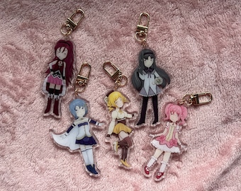 Madoka Magica Anime 3.5" Double Sided Acrylic Cute Chibi Keychain Charm, Madoka, Homura, Mami, Sayaka, Kyoko