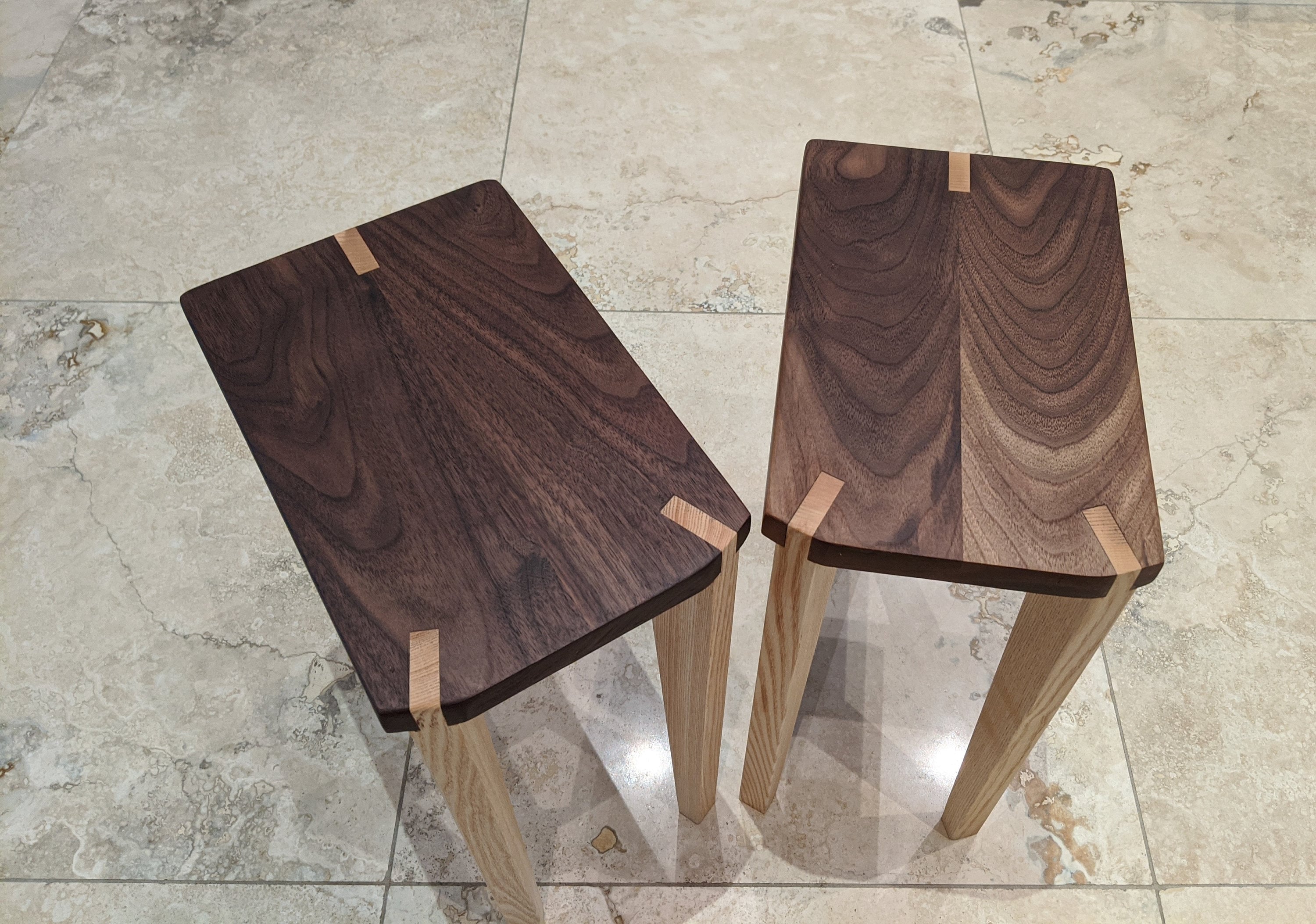 A Pair of Audio Speaker Stands or Side Tables Walnut top with maple legs