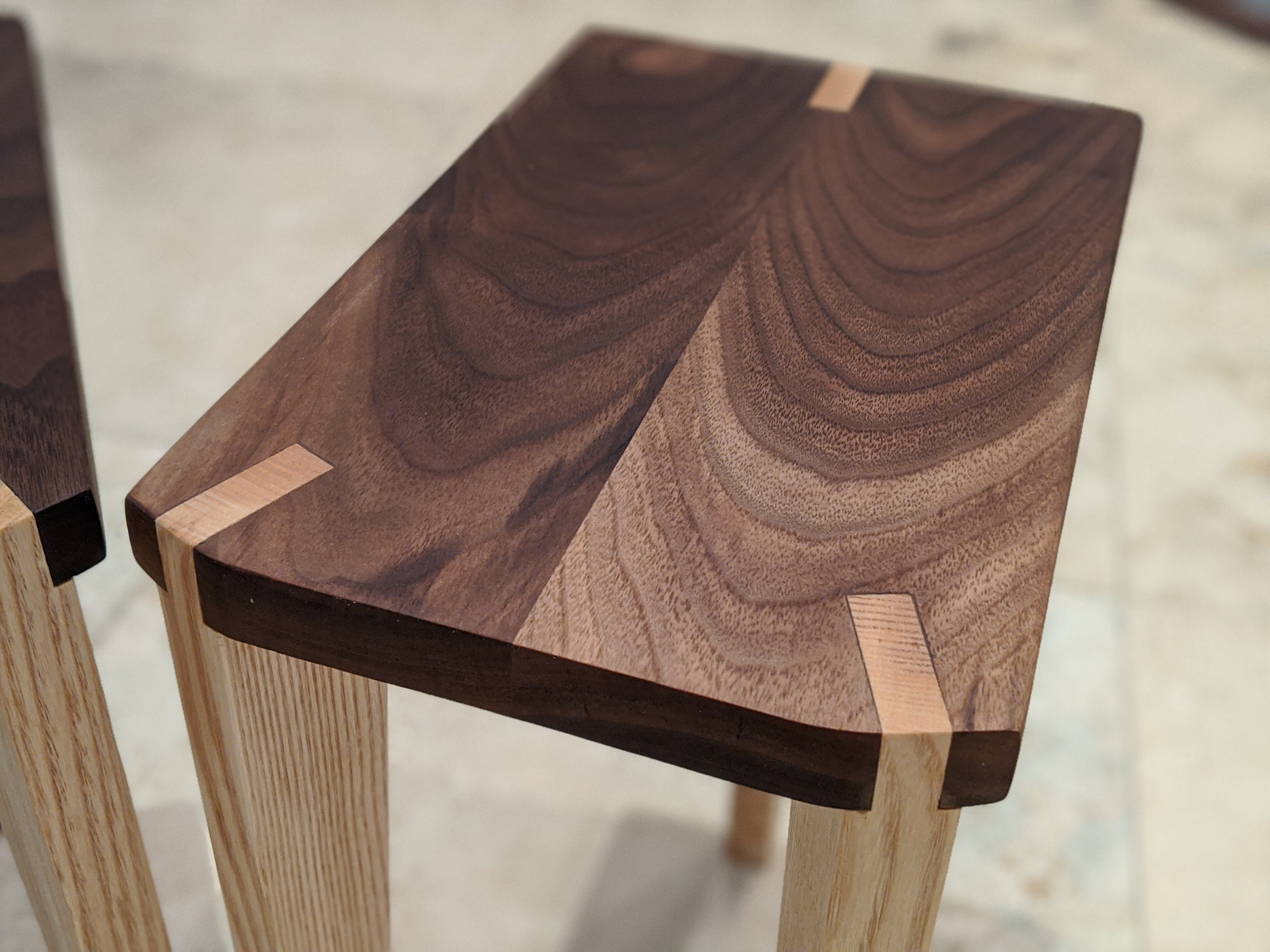 A Pair of Audio Speaker Stands or Side Tables Walnut top with maple legs