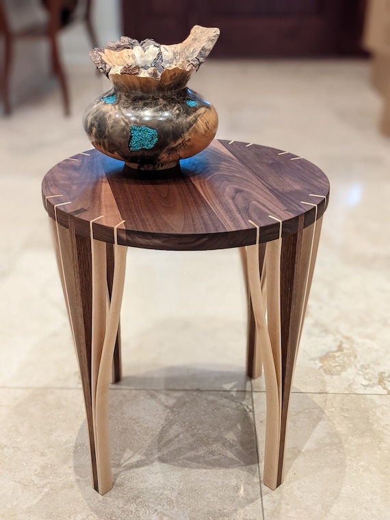 Round Side End Table for Living Room Walnut Top With Walnut and