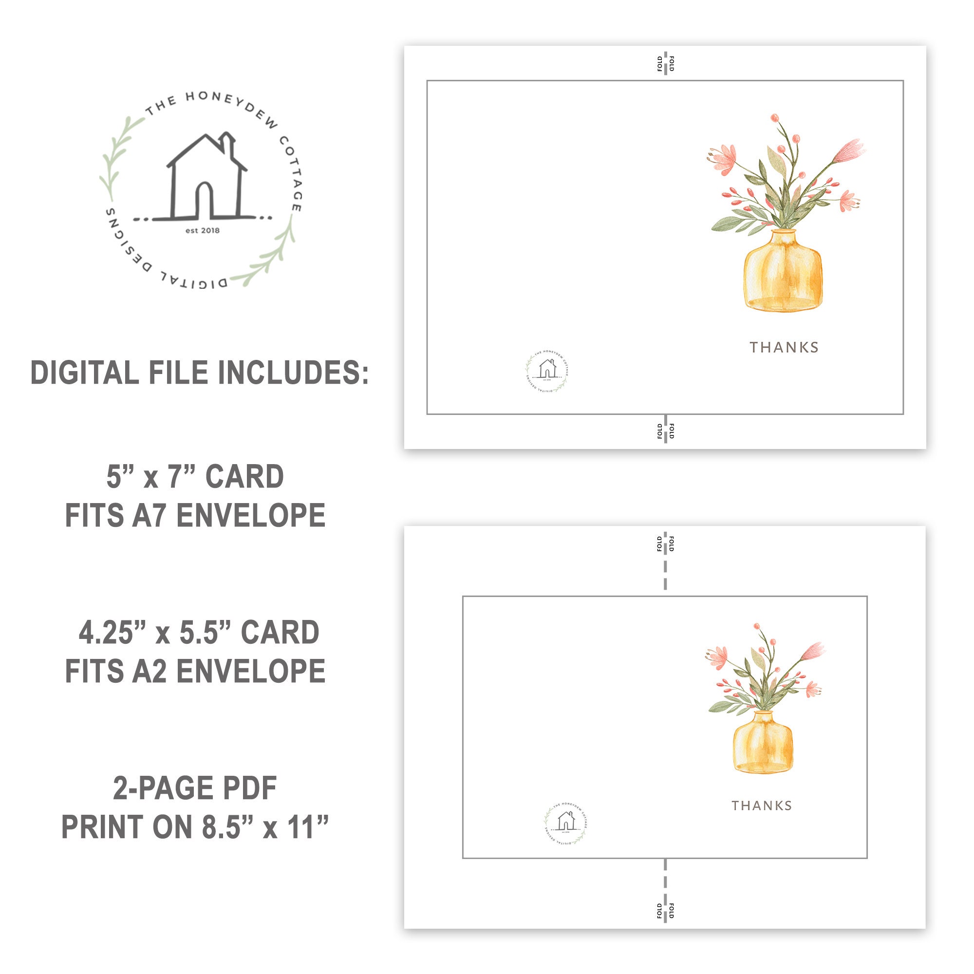 Thank You Watercolor Flowers Card | Instant Download - Etsy