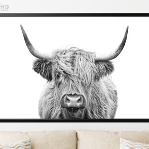 Highland Cow Poster Print // Black and White photo // Modern Poster Wall Art