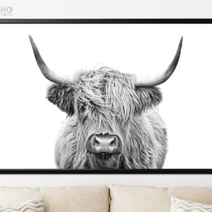Highland Cow Poster Print // Foto en blanco y negro // Modern Poster Wall Art