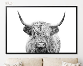 Highland Cow Poster Print // Black and White photo // Modern Poster Wall Art