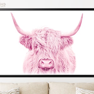 Pink Highland Cow Poster Print // Highland Cow Pink Poster Decoración de la pared