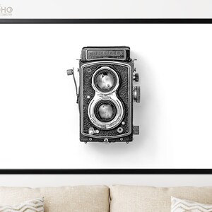 Stampa fotocamera vintage // Rolleiflex High-End Camera Black and White Poster Wall Art // Poster Wall Decor