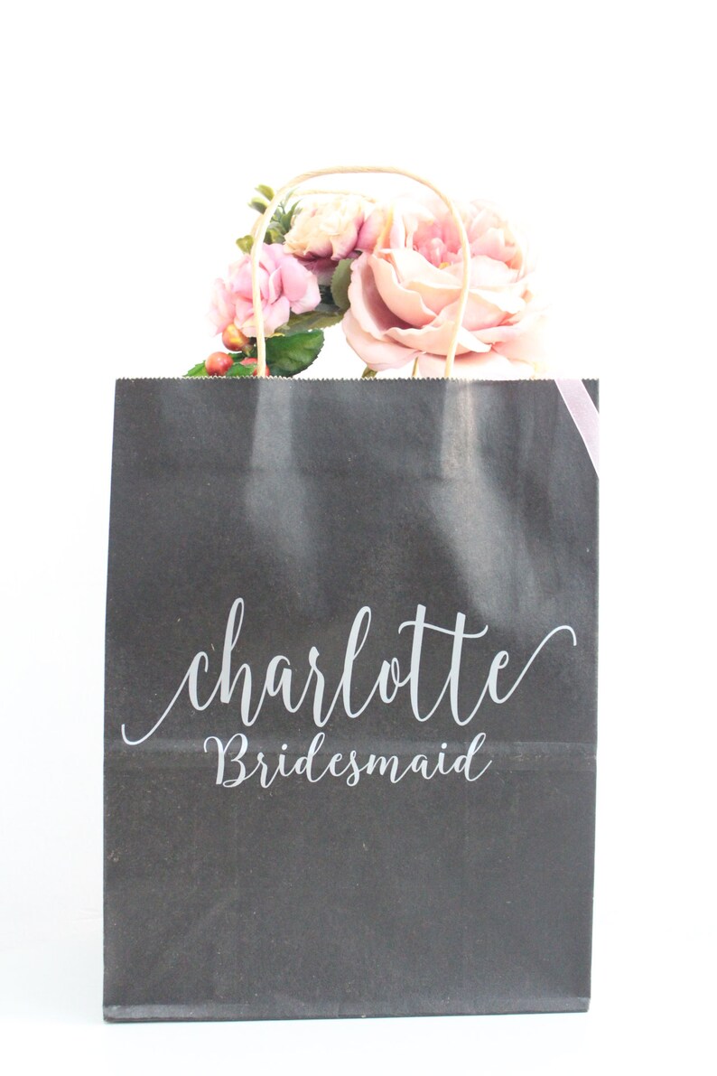 gift bags for bridesmaids Personalized gift bags Party bags with names custom gift bags,Black  White paper bags with silver font