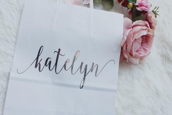 gift bags for bridesmaids Personalized gift bags Party bags with names custom gift bags,Black White paper bags with silver font