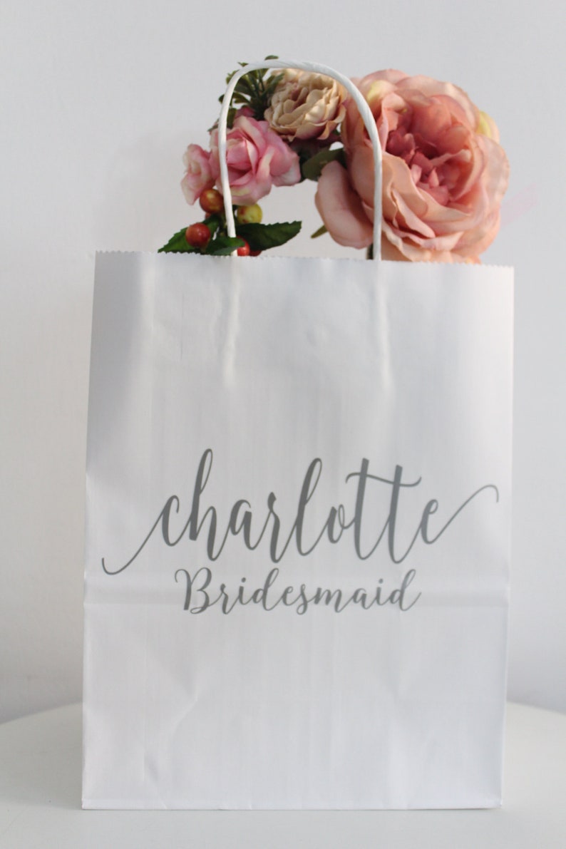gift bags for bridesmaids Personalized gift bags Party bags with names custom gift bags,Black White paper bags with silver font