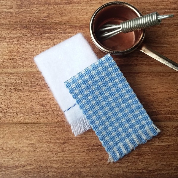 Miniature Kitchen Dish Towels, Dollhouse Blue and White 2-Piece Hand Towel Set, Mini Country Checkered Towels, Mini Gingham Kitchen Towels