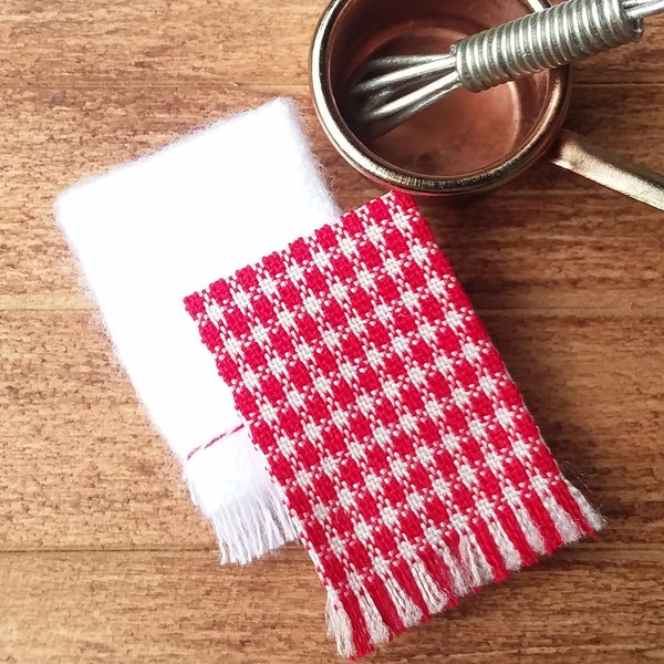 Miniature Kitchen Dish Towels, Dollhouse Red and White 2-Piece Hand Towel Set, Mini Country Checkered Towels, Mini Gingham Towels, Miniature