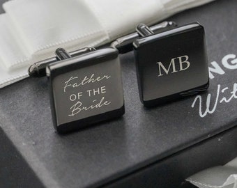 Black Personalised Engraved Stainless Steel Square Initials Cufflinks Gift, Groomsmen Gifts, Engraved Cufflinks, Gifts for Him-Men