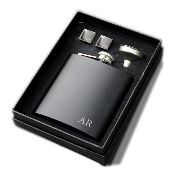 Black Cuff link and Hip Flasks sets, Groomsmen Gifts, Engraved Cufflinks, Gifts for Him, Personalised Engraved Stainless Steel